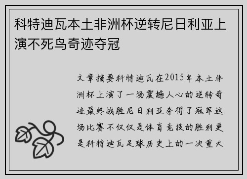 科特迪瓦本土非洲杯逆转尼日利亚上演不死鸟奇迹夺冠